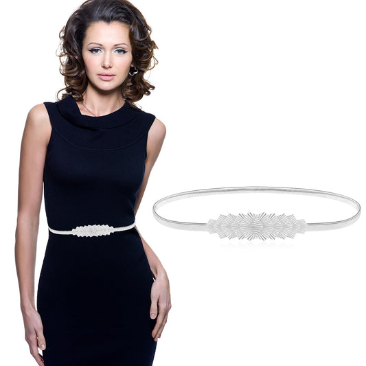 Giantree Women Fashion Skinny Metal Belt Silver Elastic Waist Belt Thin Belt for Dresses Stretch Metallic Waist Belt