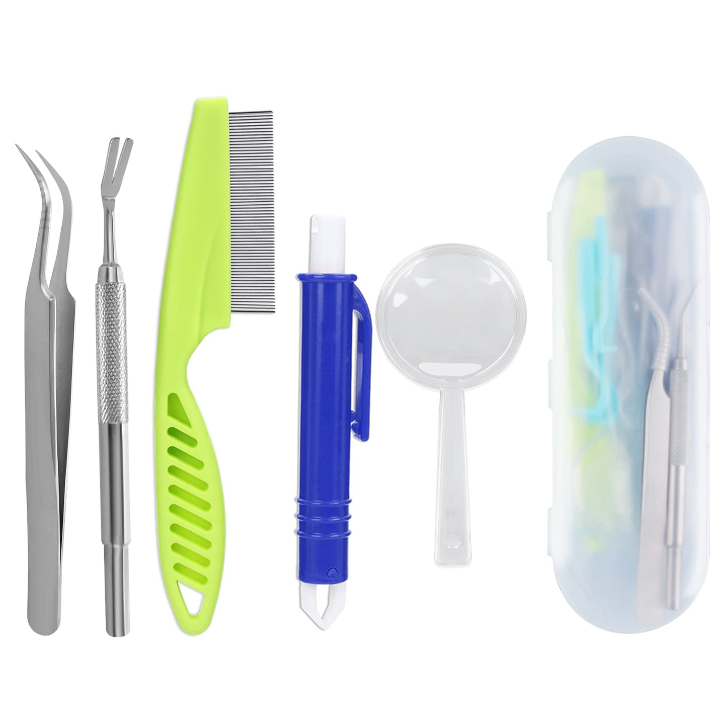 Molain 9 Pcs Dog Tick Remover Tools, 3 Plastic Hooks+1 Plastic Tweezer+1 Stainless Steel Hook+1 Stainless Steel Tweezer+1 Comb+1 Magnifier+1 Storage Box, Tick Remover Set for Dogs, Cats and Humans