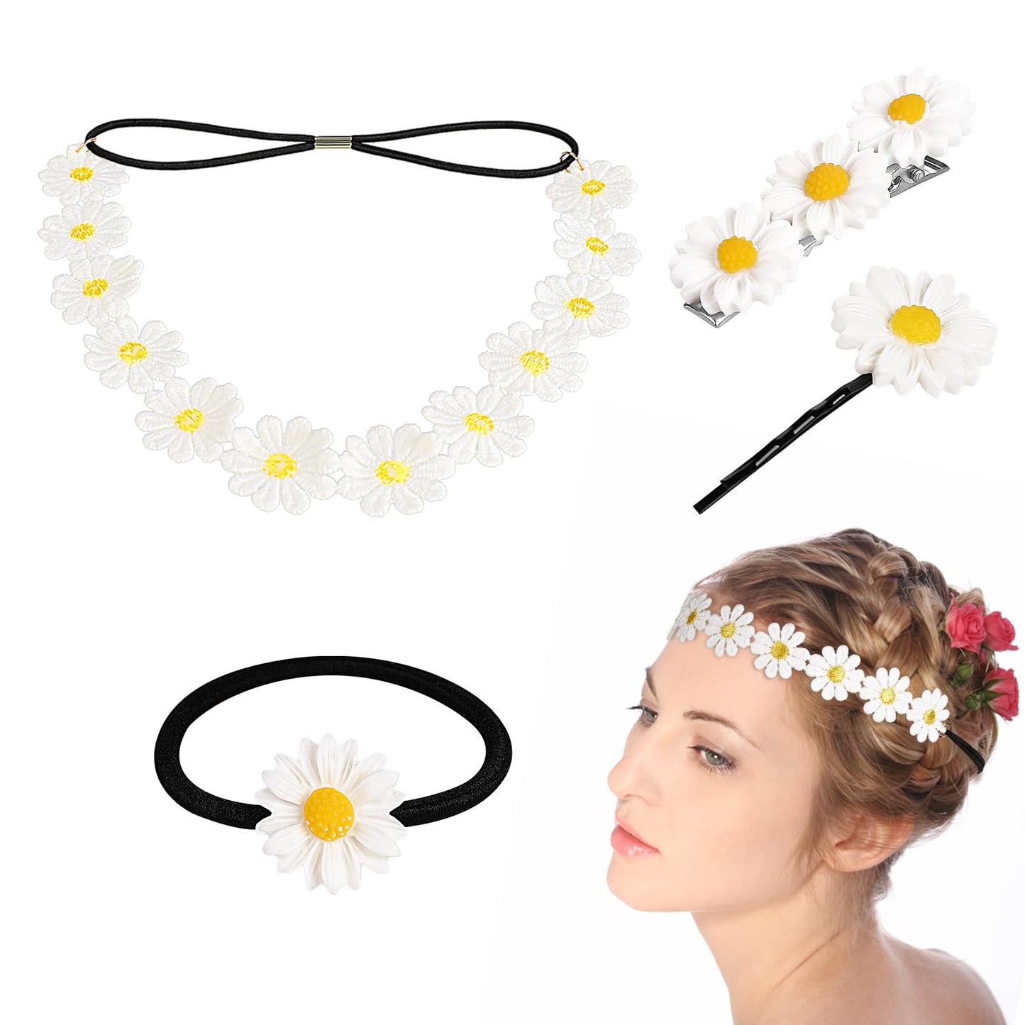 TIESOME 4 Pcs Daisy Flower Crown Headband Set For Women Baby Girl, Sunflower Hippie Hair Accessories Floral Hair Bands for Spring Tourism Wedding Festivals Party and Celebration
