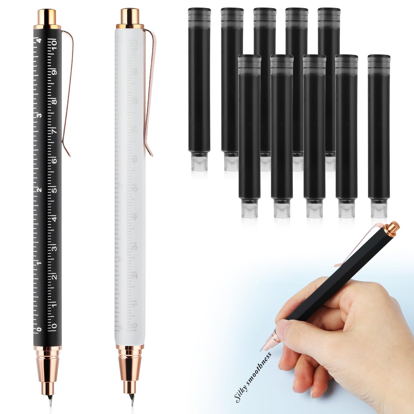 cobee Retractable Fountain Pen, 2 Pcs Ruler Fountain Pen with 10 Pcs Black Ink Sac Extra Fine Point 0.38mm Smooth Writing Pen Calligraphy Metal Fountain Pen for School Office(Black+White)