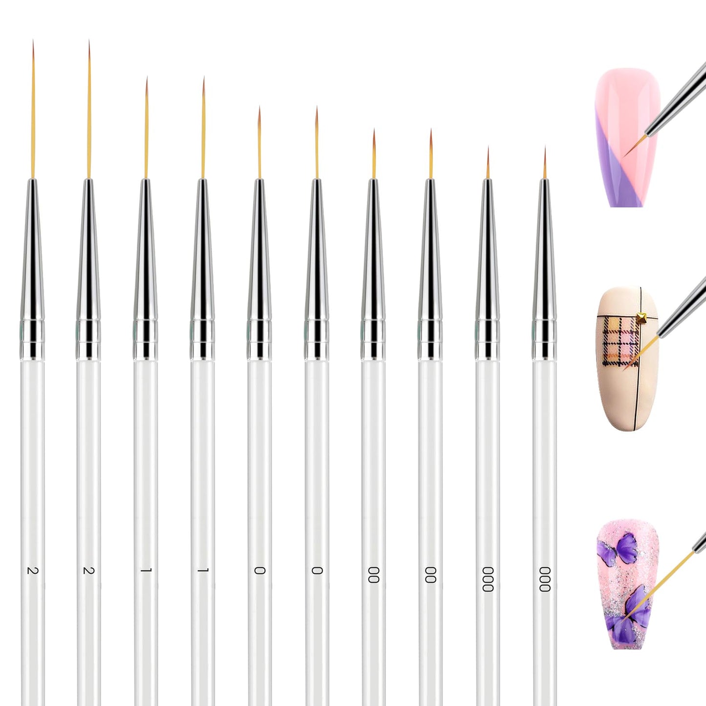 Andibro Microtype Nail Art Brushes Kit,10 Pcs Thin Line Nails Brush Transparent Handle Fingernail Brushes Paintbrush Pattern Design Drawing Tool for Details Fine Dotting Striping 7/9/12/18/24mm