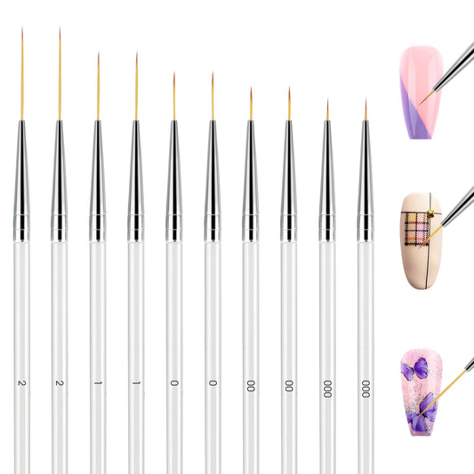 Andibro Microtype Nail Art Brushes Kit,10 Pcs Thin Line Nails Brush Transparent Handle Fingernail Brushes Paintbrush Pattern Design Drawing Tool for Details Fine Dotting Striping 7/9/12/18/24mm