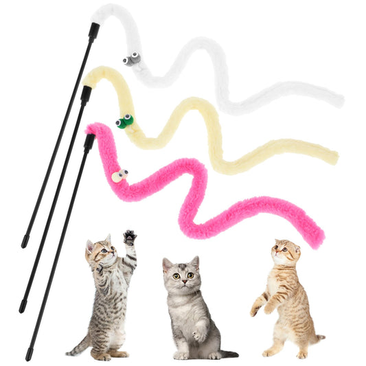 Andibro 3Pcs Colorful Interactive Cat Wand Toys, Macaron Kitten Ribbon Charm Wand Multicolor Cat String Toy Cat Teaser Wand String Ribbon Charm Stick for Indoor Cat Kitten Exercise(A)