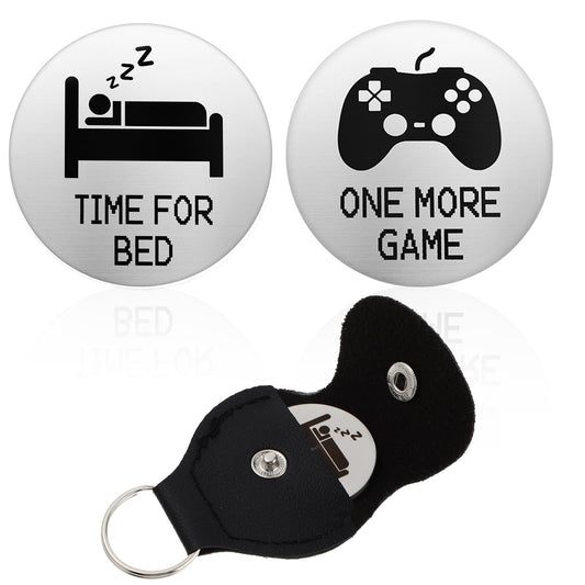 Amaxiu Funny Decision Maker Coins, Novelty Destiny Flip Coins with Leather Keychains Pocket Hug Token Gifts for Game Lovers Men Women, One More Game/Time for Bed(Rose Gold)