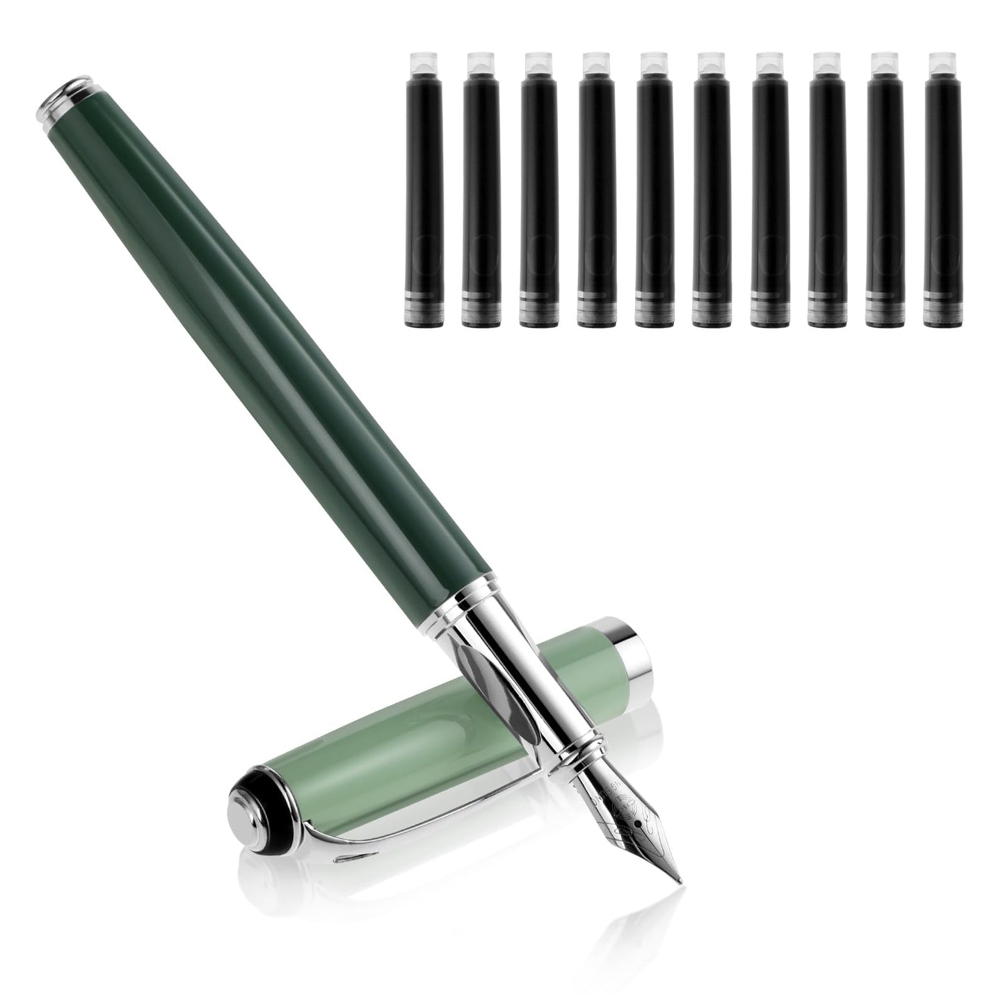 cobee Metal Fountain Pens with 10 Black Ink Cartridges, 0.5mm Fine Nib Fountain Pen Smooth Writing Luxury Calligraphy Pen Office School Supplies Gift(Green)