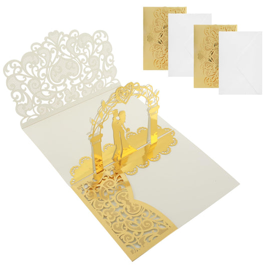Amabro 3D Pop-Up Wedding Card, 2PCS Wedding Envelope Greeting Card Wedding Congratulations Gift Card for Bride and Groom Newlyweds Couple Valentine Anniversary Engagement Christmas(Gold)