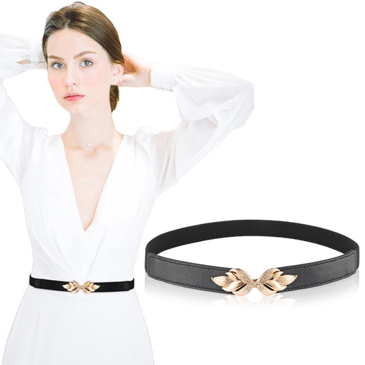 Andibro Women Skinny Elastic Belt for Dresses, Gold Flat Buckle Stretch Waist Belts Retro Stretch Waistband for Jeans Pants Dress