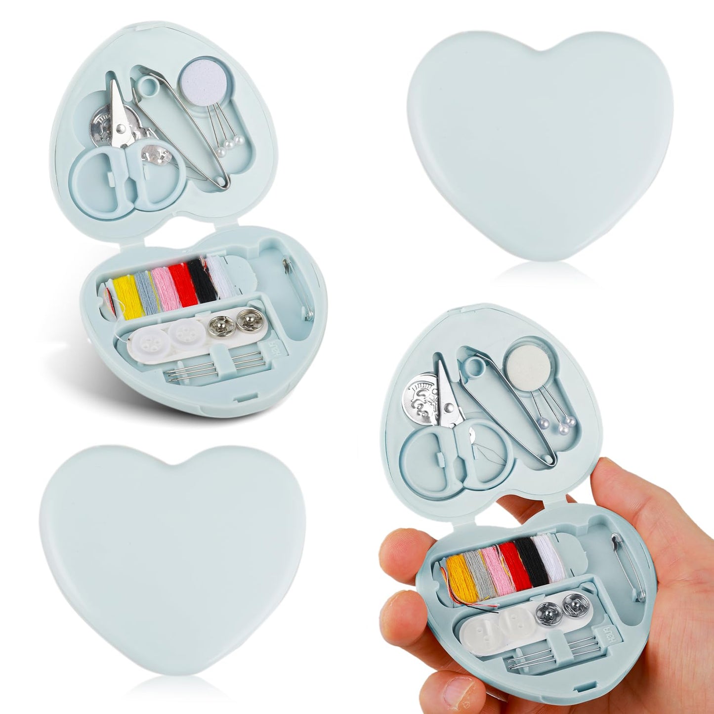 Amaxiu 2 Pcs Mini Travel Sewing Kit, Portable Travel DIY Sewing Supplies with Cute Heart Shaped Organize Case Sewing Repair Kit with Sewing Needle Cotton Wire Pin Button Scissors Threader(Light Blue)