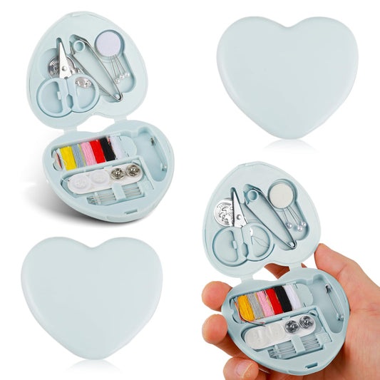 Amaxiu 2 Pcs Mini Travel Sewing Kit, Portable Travel DIY Sewing Supplies with Cute Heart Shaped Organize Case Sewing Repair Kit with Sewing Needle Cotton Wire Pin Button Scissors Threader(Light Blue)