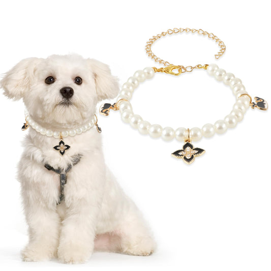 Amaxiu Small Dog Cat Pearl Collar, Adjustable Dog Necklace Cat Neck Strap Dog Accessories Cat Collars for Girl Cats Puppy(Pearl White)