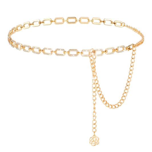 Andibro Metal Waist Chain Belt for Women, Adjustable Rhinestone Waist Belt Classic Skinny Belts for Pants Dress(gold)