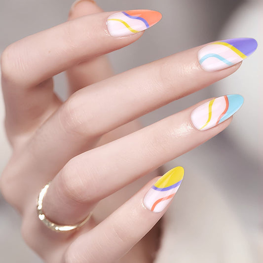 Cobee Almond Press on Nails,24 Pieces Medium Fake Nails Set Full Cover Press on Nails Reusable French Tip Nails for Women Nail Art Decorations with 24 Jelly Glue and 1 Nail File(C)