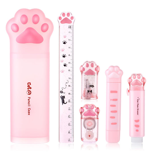 Andibro Cute Cat Paw Stationery Set, 6 Pcs Kawaii Cat Stationary Kit Pencil Sharpener Retractable Eraser Correction Tape Ruler School Supplies for Cat Lovers Students Stationery Office Supplies