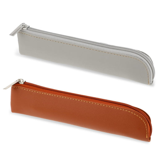 Amaxiu Leather Slim Pencil Case, 2 Pcs Small Pen Case Pouch for 4-6 Pens Protable Stationery Pouch Cosmetic Bag Minimal Makeup Organizer Zipper Storage Bag for Travel Business Office(Brown+Grey)