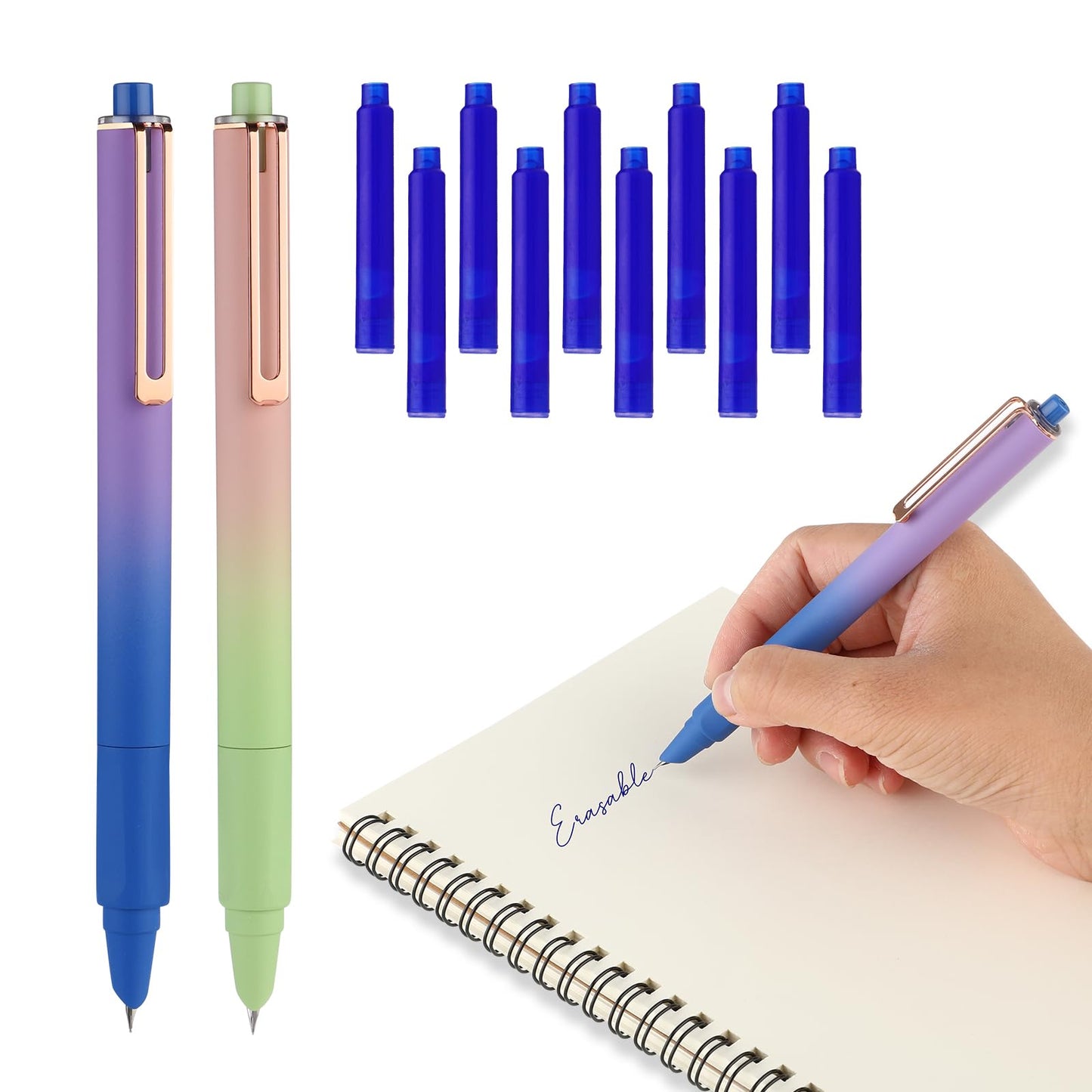 cobee Erasable Fountain Pen, 2 Pieces Retractable Fountain Pen with 10 Erasable Blue Ink Sac 0.38mm Extra Fine Point Writing Pen for Practice Calligraphy Drawing Crossword Puzzles(A)