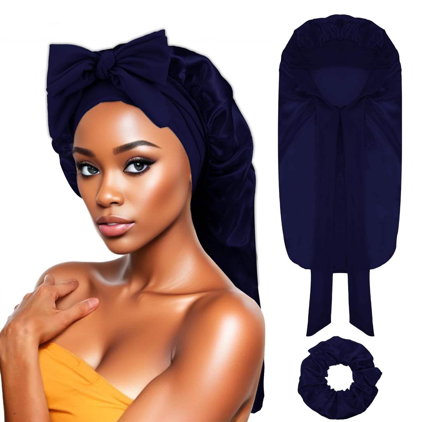 Yuanchu Long Satin Braid Cap for Women, Silk Bonnet for Sleeping, Satin Hair Cap with Hair Scrunchie, Silk Bonnet, Adjustable Sleep Cap, Night Cap for Long Curly Hair Locs (Dark Blue)