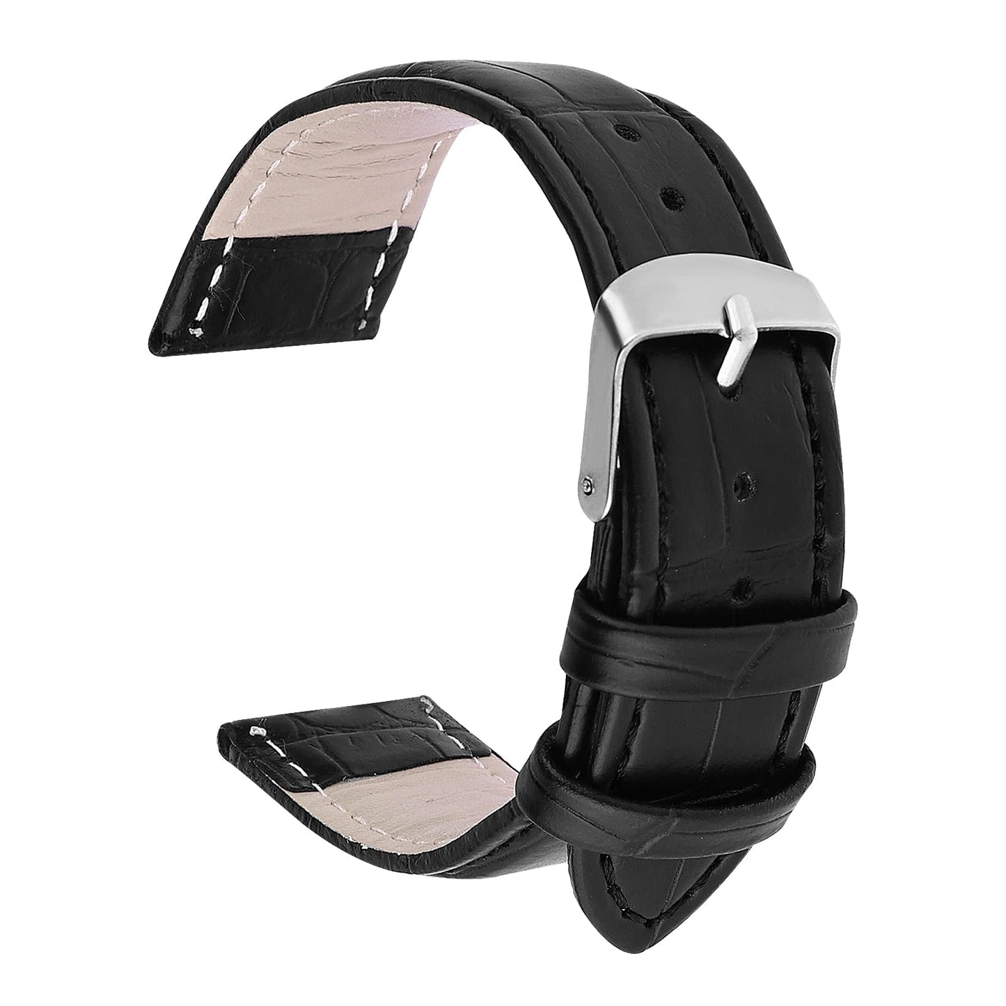 TIESOME Leather Watch Band, Genuine Grain Calfskin Replacement Strap Stainless Steel Buckle Watch Strap for Men Women (18mm, Black)