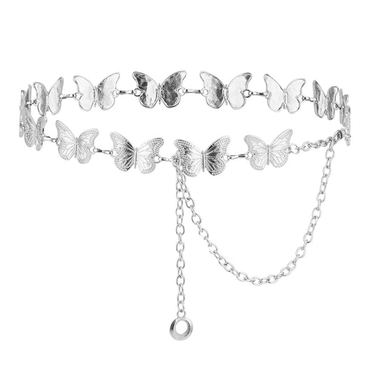 Giantree Butterfly Chain Belt for Women and Girls Fashion Accessories, Silver Metal Waist Chains Belts Pendant Belly Chain for Dress Jeans(Solid)