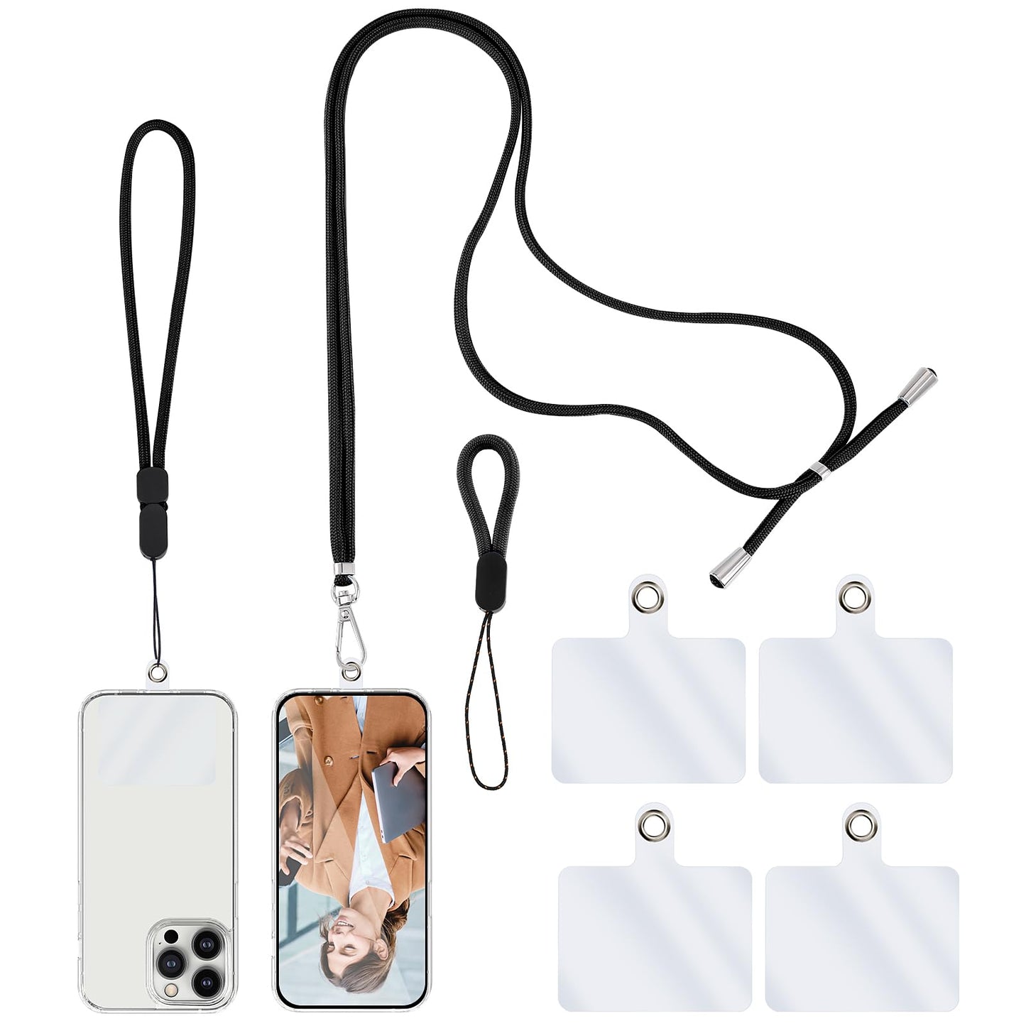 simarro Universal Cell Phone Lanyard, Crossbody Patch Phone Lanyards For Around The Neck, Phone Neck Lanyard, Wrist Phone Strap, Finger Phone Strap, 4× Phone Patch (Black)
