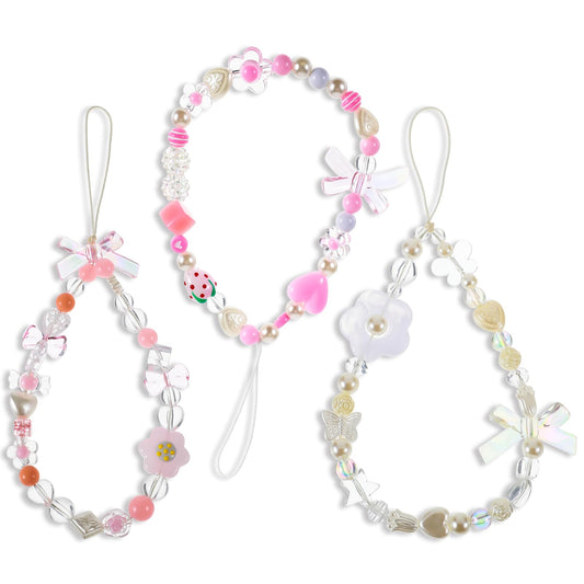 AOZUO Pack of 3 Mobile Phone Chain Beads, Universal Mobile Phone Pendant, Short Mobile Phone Pendant, Sawako Phone Charm, Cute Butterfly Bow, Aesthetic Pink Wrist Strap, Key Chain, Bracelet, Lanyard,