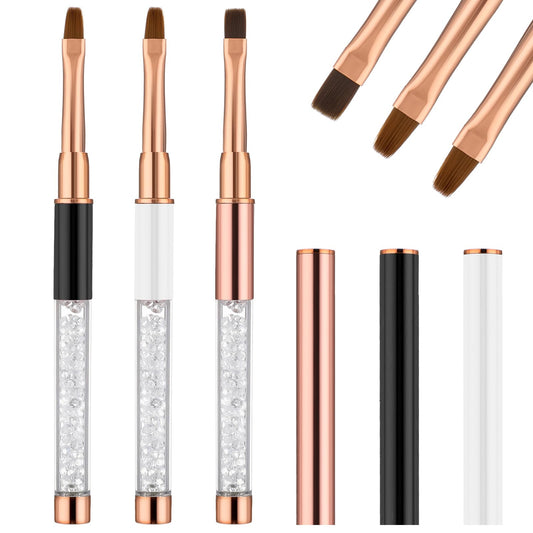 AOZUO 3Pcs Oval Gel Nail Brushes, UV Rhinestone Handle Gel Nail Art Brush Hard Gel Nail Brush Nail Design Painting Brushes Tool Nail Art Liner Dotting Pen Gift for Girls Women