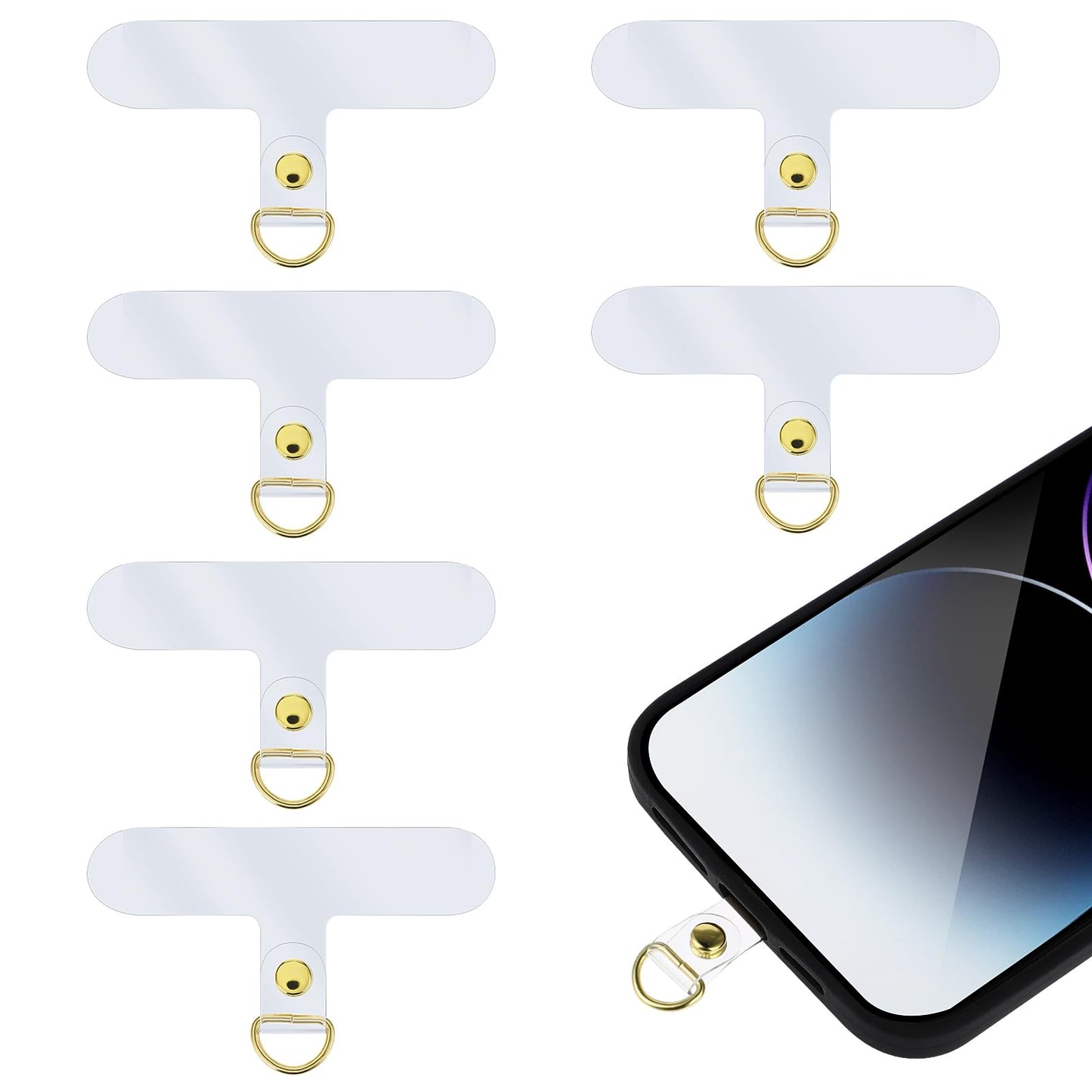simarro 6Pcs Cell Phone Lanyard Patch Pad, Universal Phone Tether Tab Phone Strap Connector with Metal Ring for Cell Phones Security Drop Protection (Transparent Light Gold)