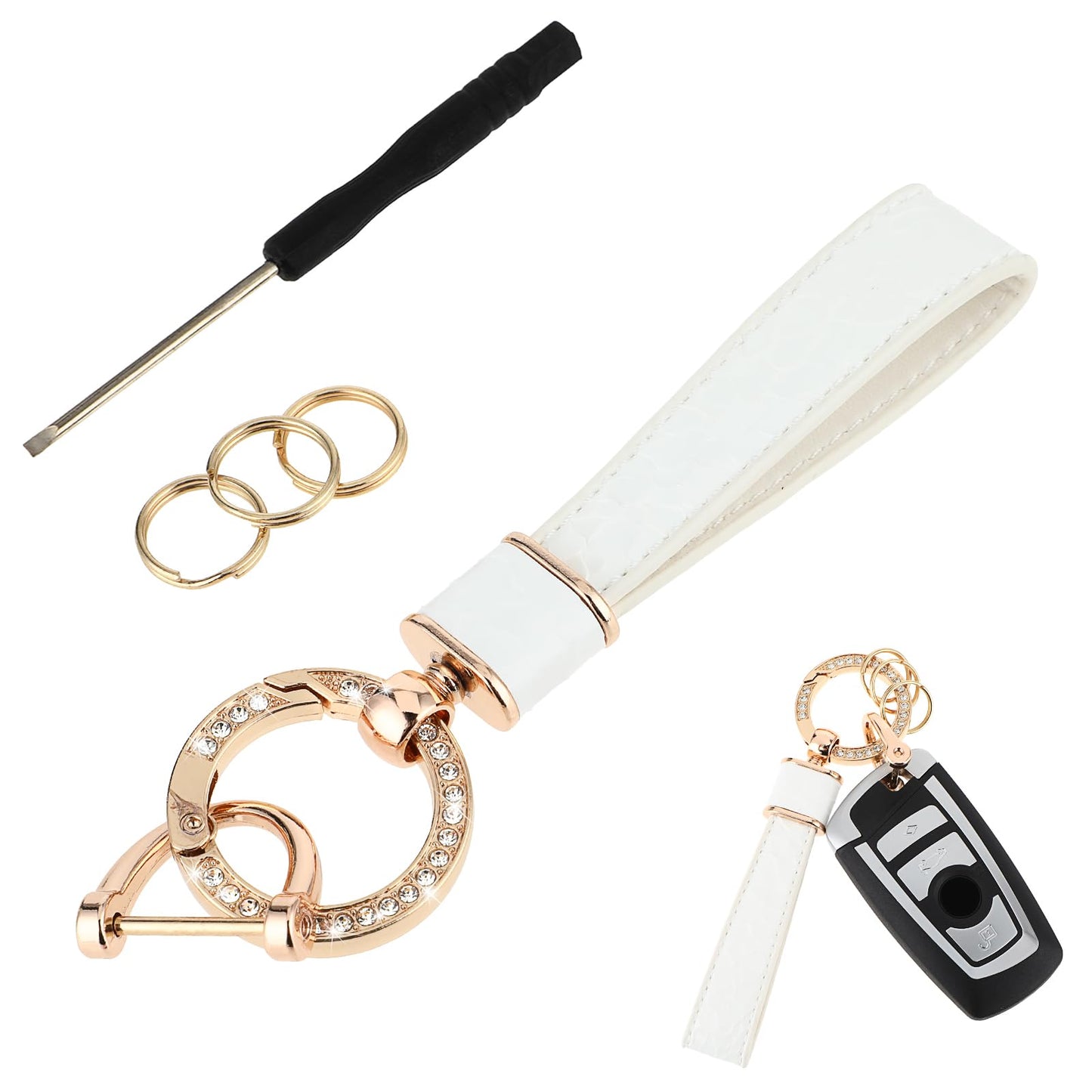 Amabro Leather Keychain, Universal Keyring Holder with Diamond Anti-lost D-Ring 360 Degree Rotatable Key Fob with Screwdriver for Men Women Keyrings Car Accessories Family Present (White)