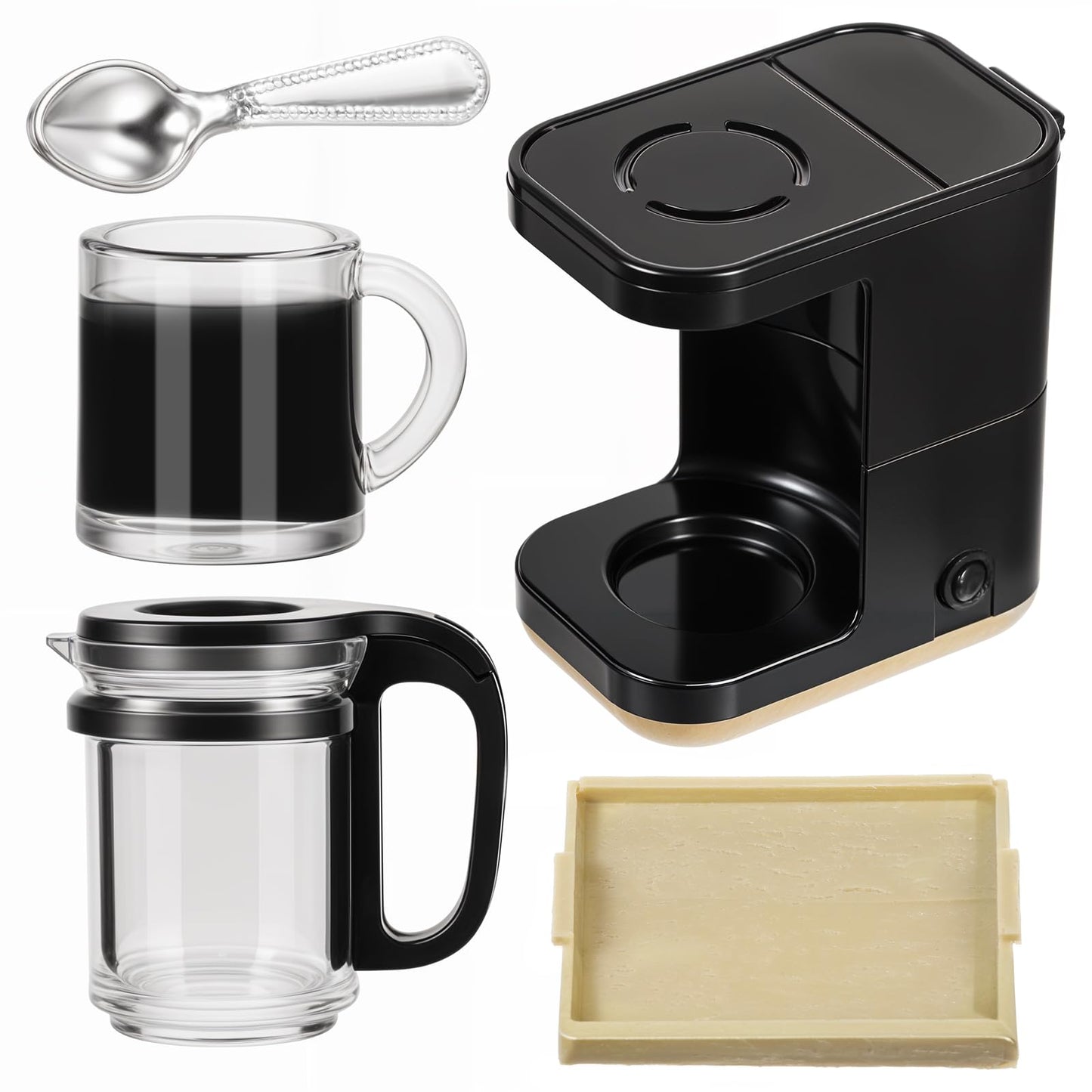 AOZUO 4-Piece Dollhouse Miniature Coffee Machine, 1:12 Mini Coffee Machine, Plastic Coffee Cup, Spoon Tray, Dollhouse Decor, 1:12 Dollhouse Decoration, Role Play for Dollhouse, Kitchen Accessories