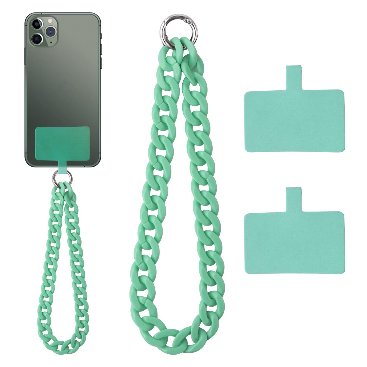 Cobee Phone Lanyard with Tether Pad, Plastic Phone Charm Strap with 2 Pieces Durable Tether Pad, Anti-Lost String Phone Lanyard Chain Lanyard Wrist Strap, Bracelet Keychain Charm with Buckle (Green)