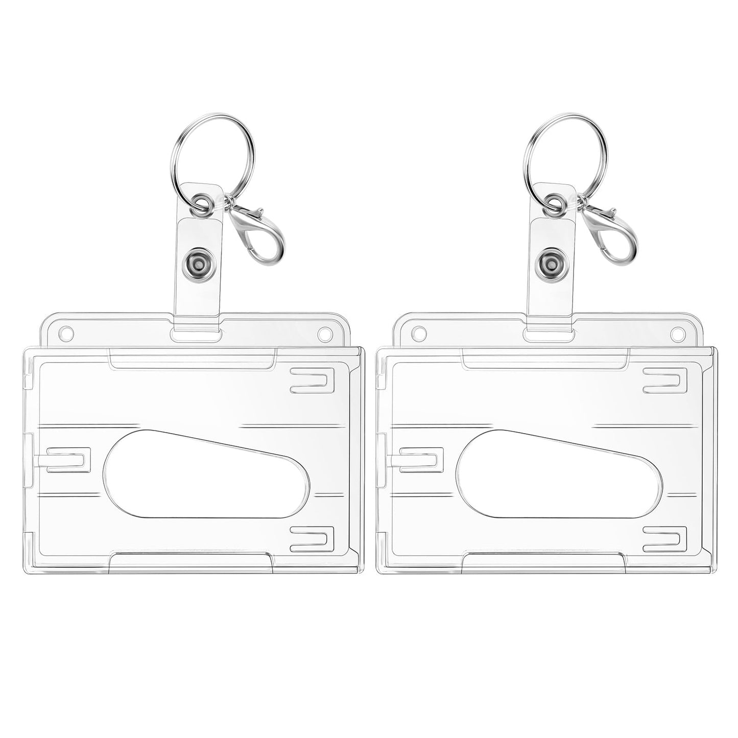 TIESOME Hard ID Badge Card Holder Set, 2 Pcs Heavy Duty ID Card Holder with Keyring and Clip Thumb Slot Clear Card Protector Hard Plastic Card Case for Keychain Office School(Horizontal)