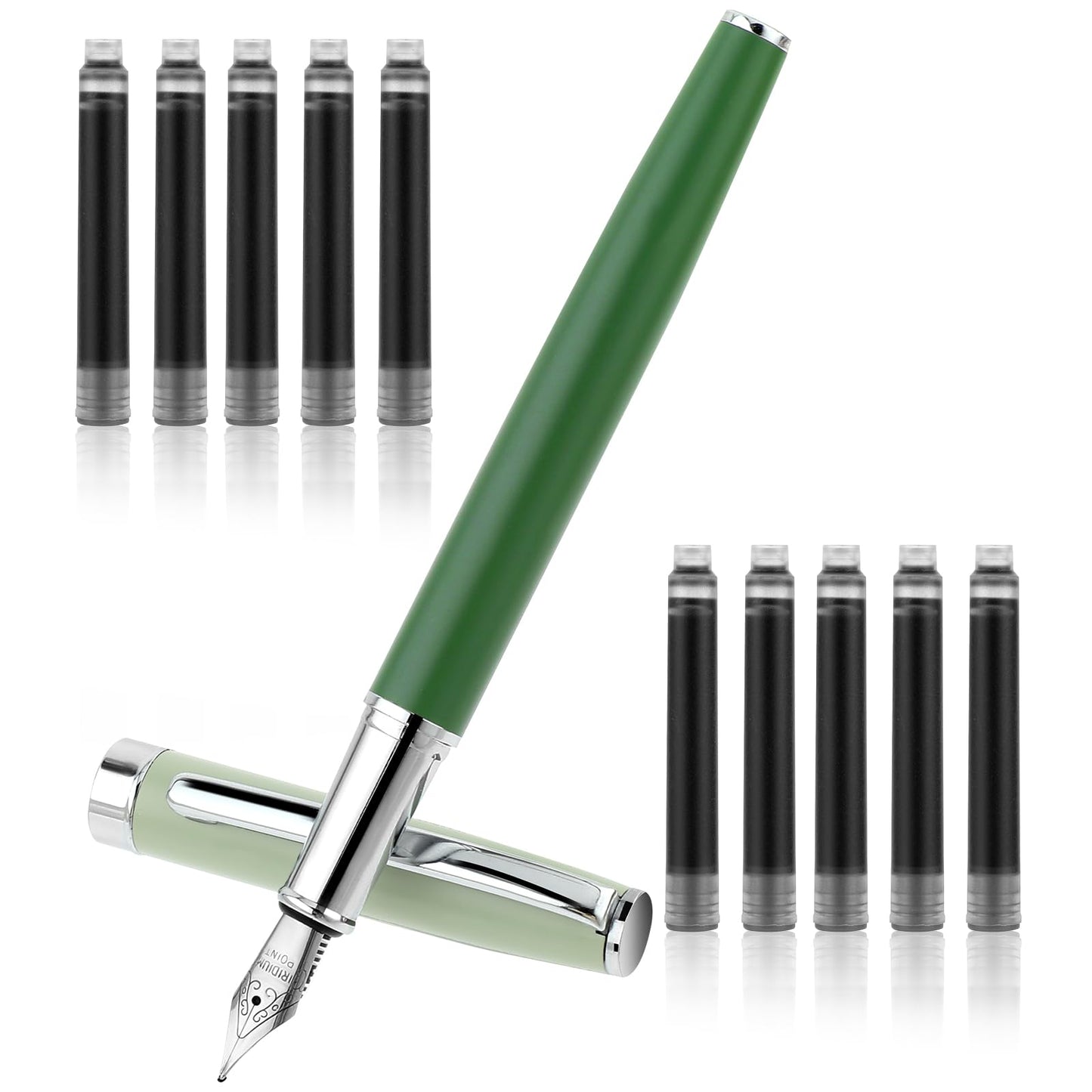 TIESOME Metal Fountain Pen Set, 0.5mm Fine Nib Fountain Pen with 10 2.6mm Black Ink Cartridges Luxury Calligraphy Pens Smooth Writing Pen Gift for Office School Business Supplies(Green)