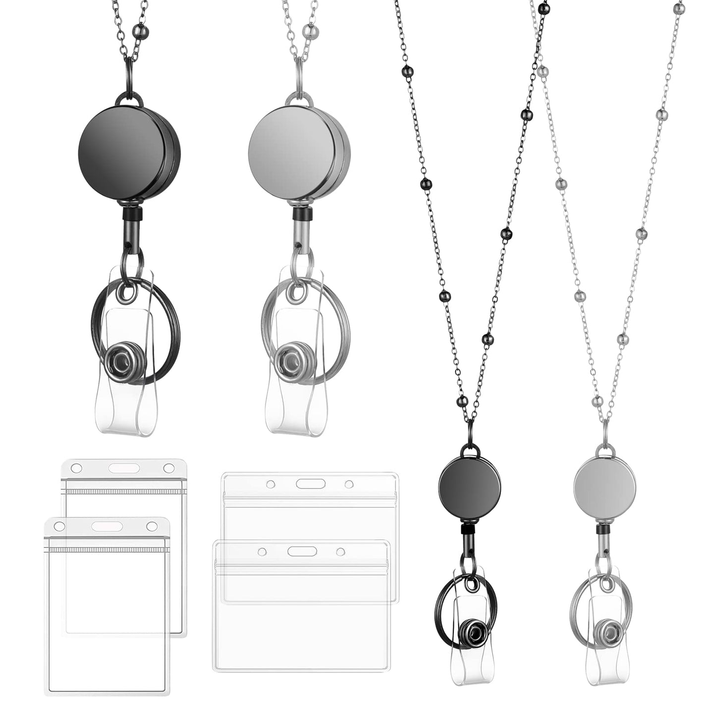 cobee Retractable Badge Reel Lanyard with ID Holder 2 Pcs Metal Crossbody Reel Lanyard with 4 Pcs Clear Badge Holder Waterproof Vertical/Horizontal Card Holder for Women Teacher Nurse (Black/Silver)