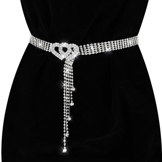 JIEYAO Rhinestone Waist Belt with Heart Buckle, Crystal Waist Chain Belt Adjustable Shiny Diamond Waistband Belt for Women