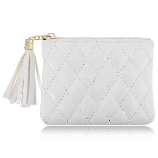 TIESOME Coin Purse With Tassel, Rhombus Embroidery PU Zipper Coin Purse Portable Wallet Short Ladies Coin Purse for Women Coin Pocket Credit Card ID Key Headset Lipstick (White)
