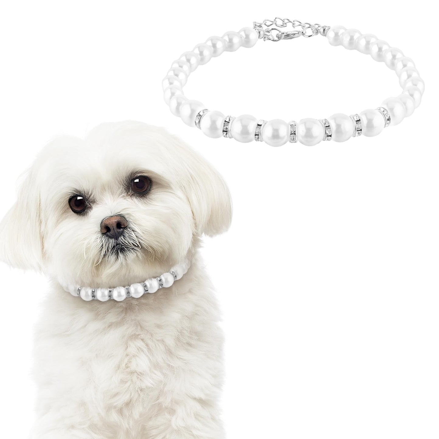 Molain Dog Cat Pearl Collar Necklace, Adjustable Beaded Pet Collars Delicate Cat Wedding Collar Jewelry for Girl Cat Puppy Dogs Accessories (Silver)