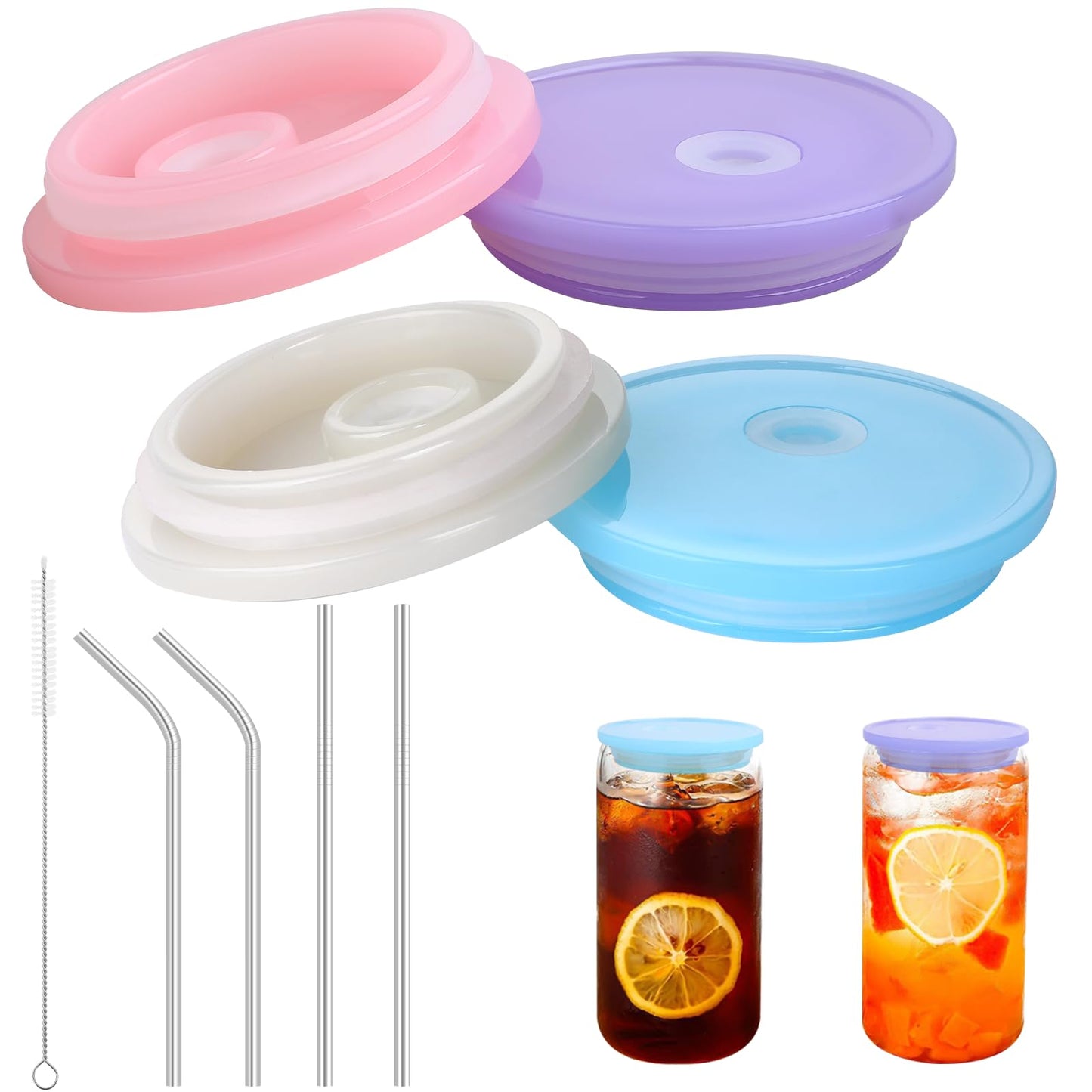Giantree 4 Pcs Regular Mouth Mason Jar Lids With Straw Hole - 70mm Acrylic Set Includes Reusable Stainless Steel Straw and Brush - Sturdy Leakproof Drinking Cups Lids