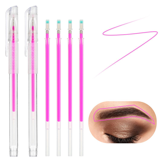 Andibro 2Pcs Eyebrow Microblading Marker Pen, Skin Marker Pen Eyebrow Makeup Position Mapping Mark Tools Eyebrow Mapping Pen Stencil with 4 replacement refills for Lip Skin Artists Marking Pen(pink)