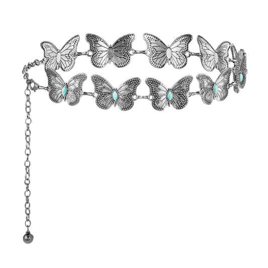 Amaxiu Butterfly Metal Waist Chain Belt, Women Western Belt Adjustable Link Belt Turquoise Waist Belt for Dress Jeans(Silver)