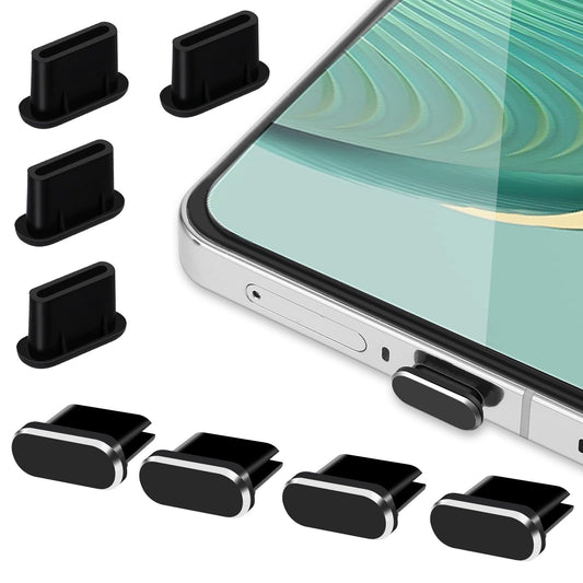 Jeffdad 8 Pack USB C Dust Plug, Anti Dust Plugs 4 Pcs Aluminium and 4 Pcs Silicone Type-C Dust Covers, With Mini Storage Box, Compatible with Most Type-C Phones(Black)