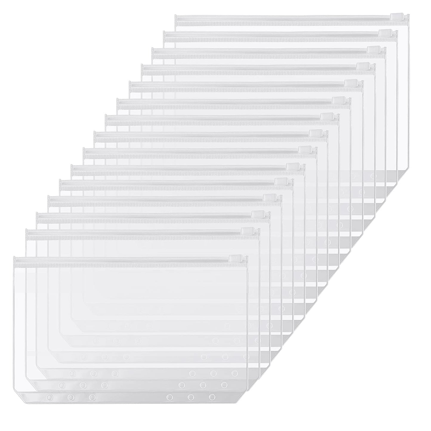 Molain 15 Pcs A6 Zipper Punched Binder Pockets, 6 Holes Ring Binders, PVC Plastic Wallets, Document Organizer Bill Folder, Transparent Storage Bags, Home Office Stationery Supplies