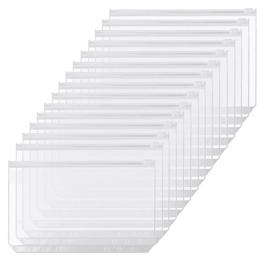 Molain 15 Pcs A6 Zipper Punched Binder Pockets, 6 Holes Ring Binders, PVC Plastic Wallets, Document Organizer Bill Folder, Transparent Storage Bags, Home Office Stationery Supplies