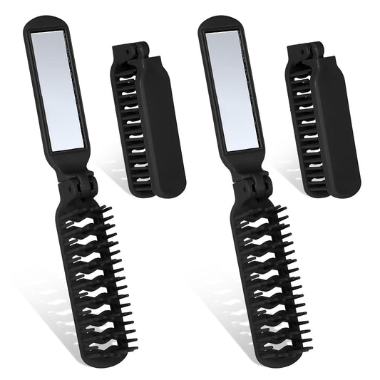 HJZHII Pack of 4 Mini Hair Brushes with Small Mirror, Foldable Hair Brush, Small Portable Travel Hair Brush, Travel Brush, Folding Hair Massage Comb, Folding Comb, Beard Comb for Men and Women (Black)