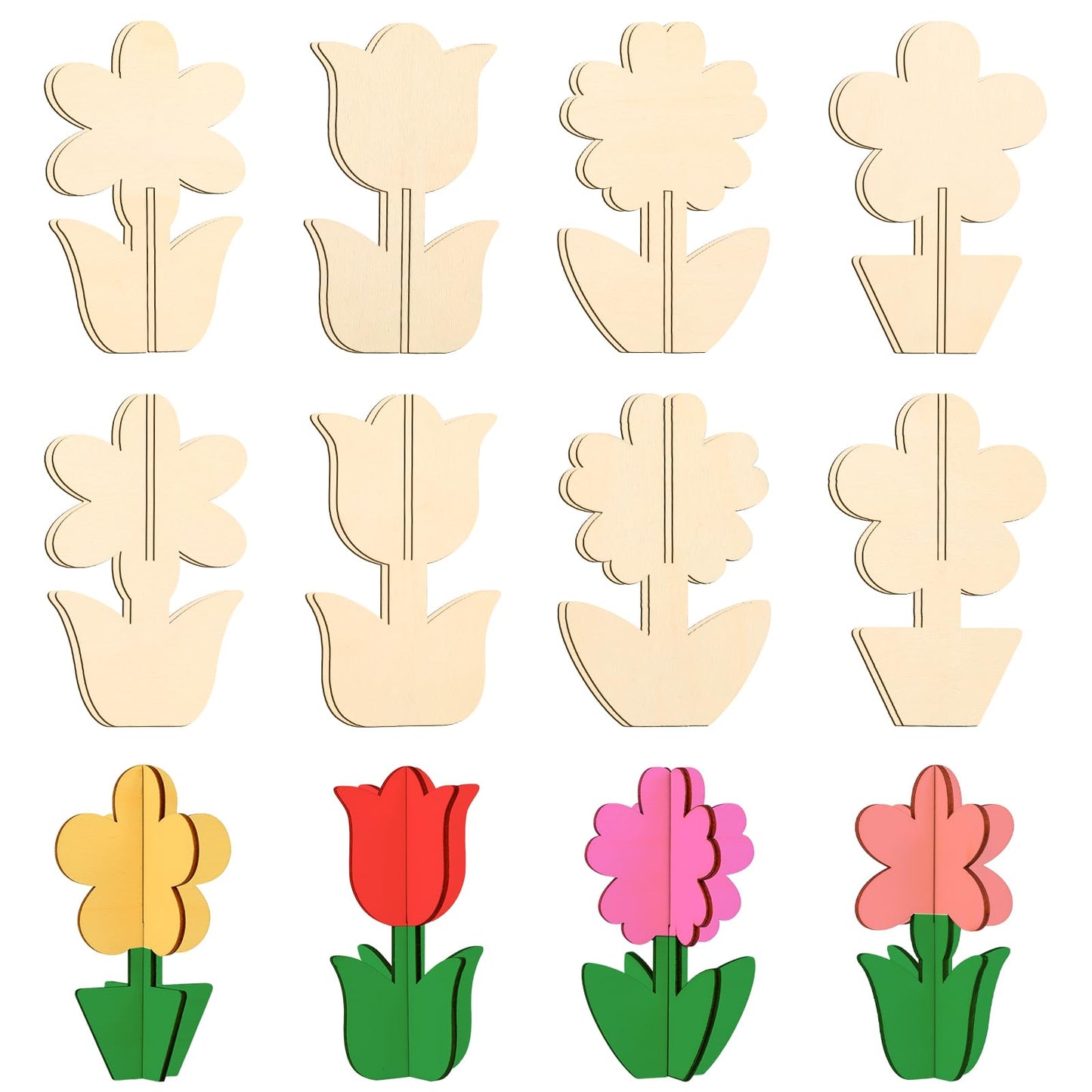 Yuanchu Pack of 16 Unfinished Wooden Flowers, 3D Flowers Wooden Craft Sets for Children for Crafts Wooden Tulips Craft Set DIY Decoration Creative Sets Gift for Children for Painting Design