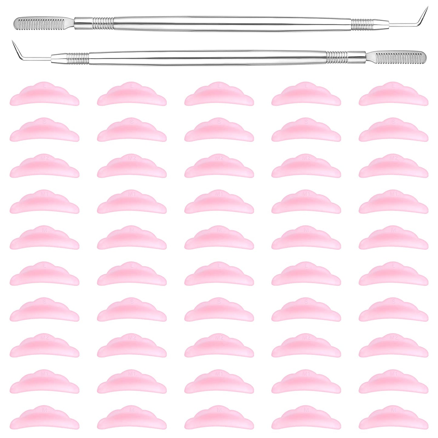 Cobee 52 Pcs Eyelash Lift Tools Set, 2 Pcs Stainless Steel Lash Separator Lift Rod Tools with Comb with 50 Pcs Silicone Eyelash Pads, Eyelash Perming Curler Kit for Extension Makeup Beauty Tool