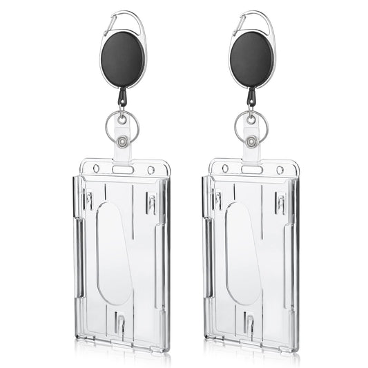 Cobee 2 Pack Hard Plastic Badge Holders with Heavy Duty Badge Reels, Clear ID Card Holder Retractable Badge Reel Clip Thumb Slot Credit Card Protector for Nurse Doctor Teacher Office School(Vertical)