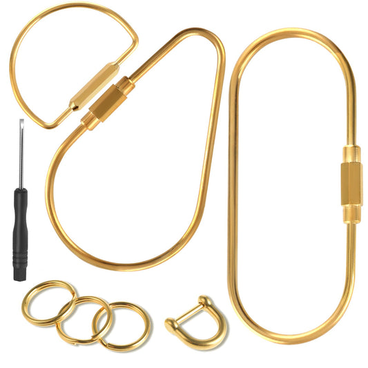 Andibro 3PCS Brass Screw Lock Keychain, Heavy Duty Carabiner Lock Charms Simple Car Key Organizer Universal Key Fob Holder Mixed Shapes Golden Keychain with 3 keyrings 1 D-Ring 1 Screwdriver