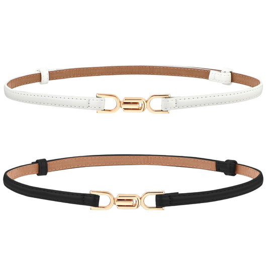Andibro2 Pack Leather Skinny Women Belt, Adjustable Thin Waist Belts with Alloy Buckle Waistband for Jeans Pants Dress(Black+White)