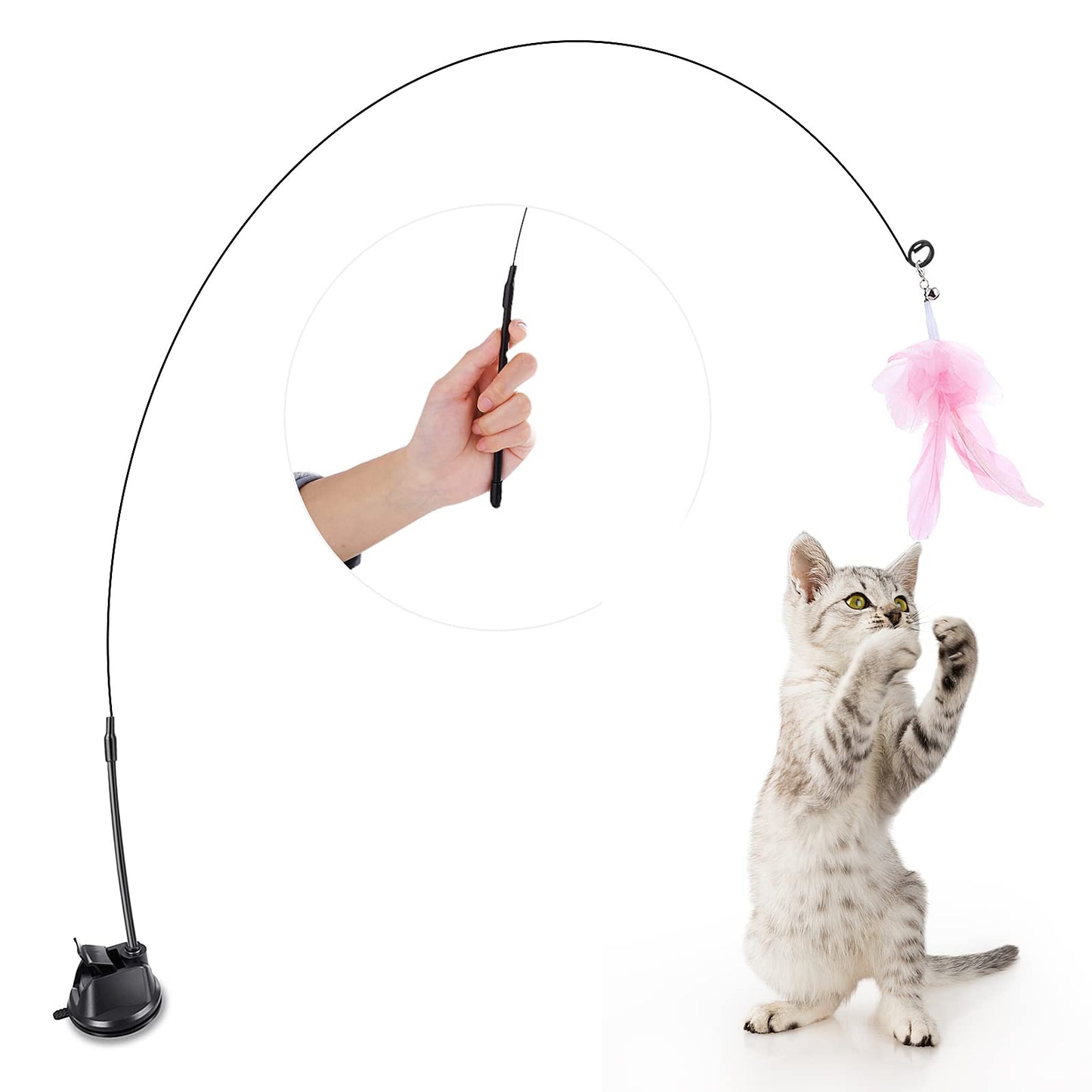 cobee Cat Feather Toy with Bell, Cat Wand Toy with Sucker Kitten Wand Play Toy Interactive Cat Toy for Indoor Kitten