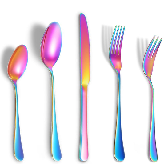 Andibro 5Pcs Rainbow Silverware Set, Stainless Steel Rainbow Flatware Set Round Handle Colorful Cutlery Set for Kitchen Home Restaurant Dishwasher Safe