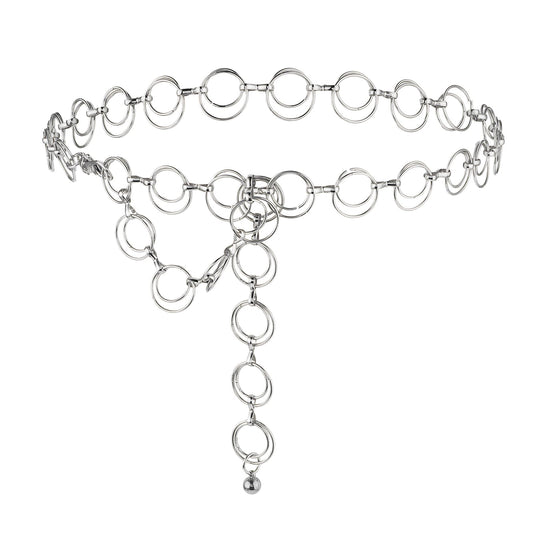 Amaxiu Women Alloy Waist Chain Belt, Metal Multilayer Chain Belts Ladies Adjustable Link Belts O-Ring Belly Belts For Dress (Silver, Fit waist up to 105cm/41)